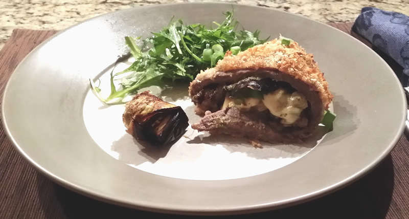 Bacon wrapped Beef Schnitzel stuffed with Eggplant & Bocconcini